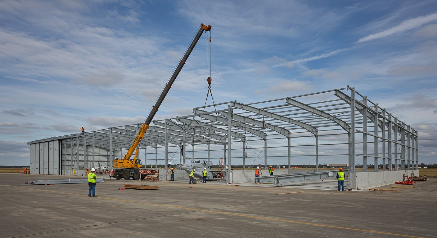 Сборной ангар на строительной площадке Сборной ангар на строительной площадке