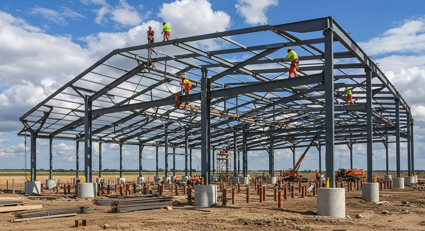 Монтаж металлического каркаса на свайном основании