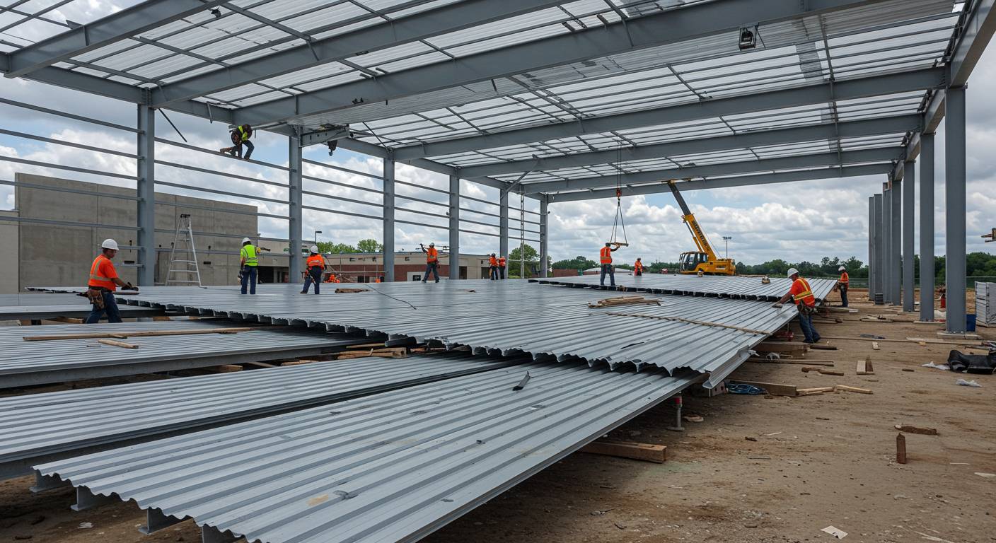 Монтаж кровельных элементов ангара