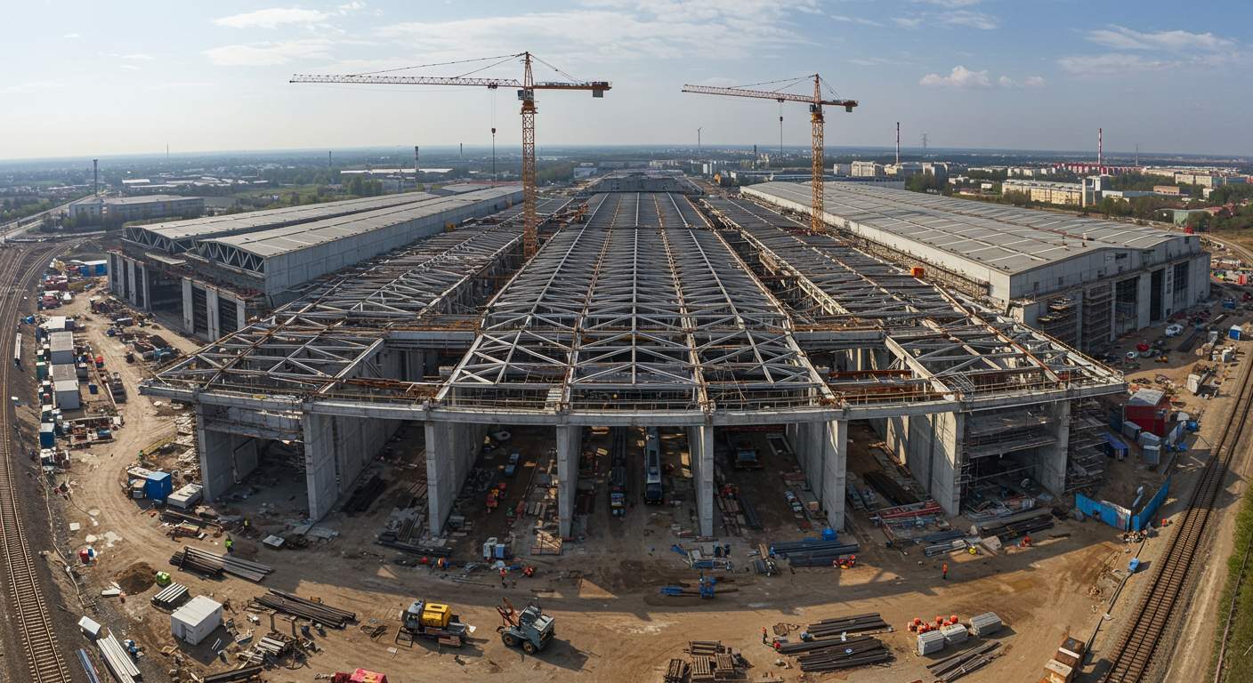 Крупный ангар для железнодорожного комплекса